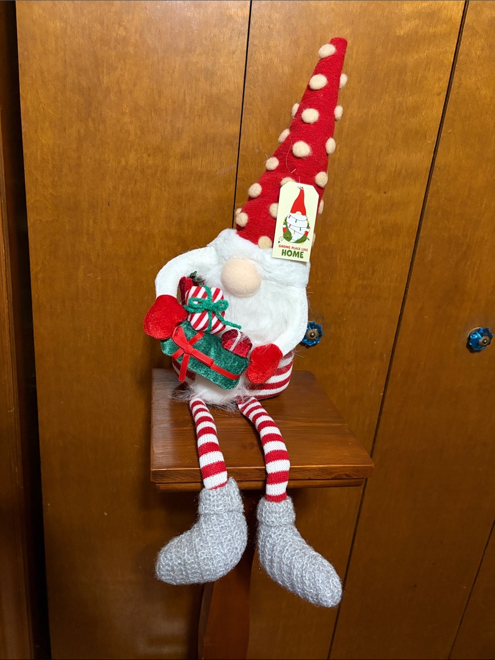 🎄Gnome Place Like Home-Holiday Red Gnome with Striped Legs and  holding Gift
